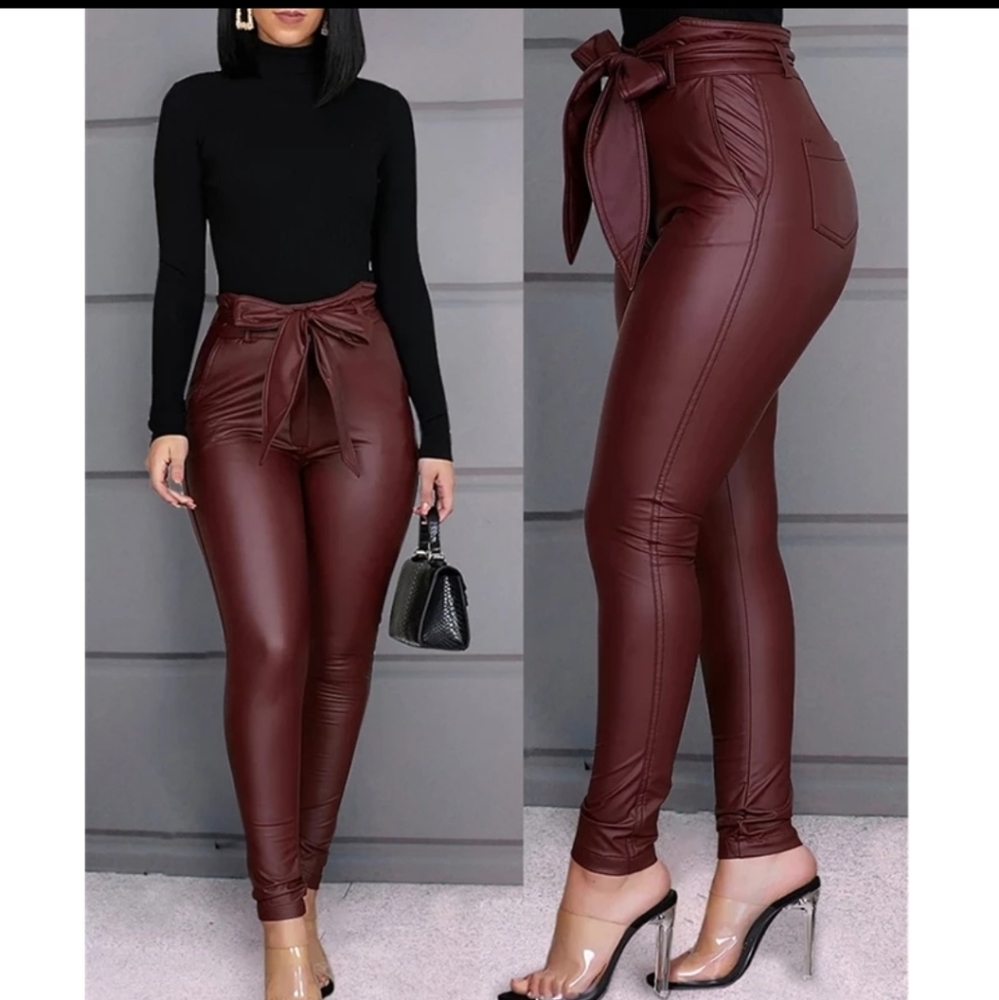 Paperbag Waist Faux Leather Pants - Picture 2 of 8